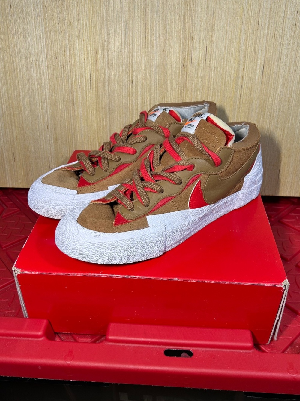 Nike Sacai Blazer Low British Tan Brown White Red DD1877-200 Mens Size 12